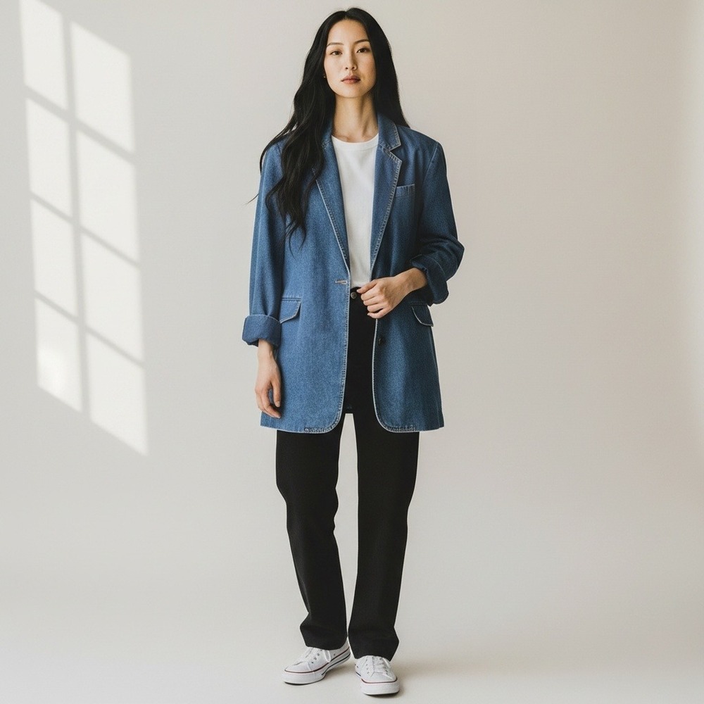 Denim Blazer L Blue Single Button Cotton Blend Coastal Grandma Layering